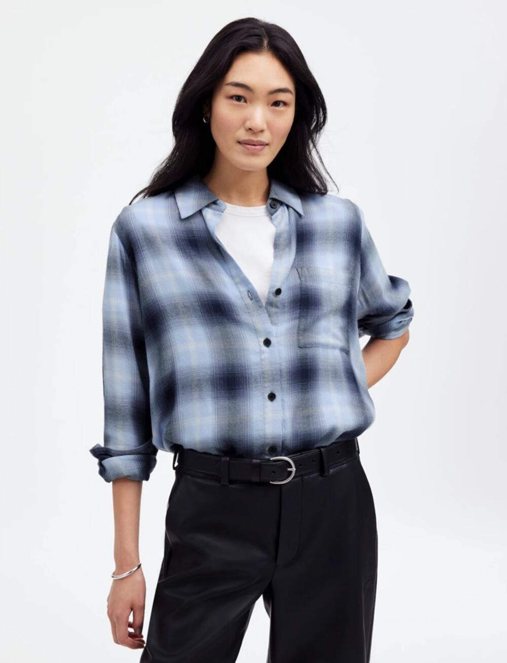 Madewell Easy Y-Neck Button-Up Shirt SZ 2XS Deep Indigo White Plaid Long Sleeve
